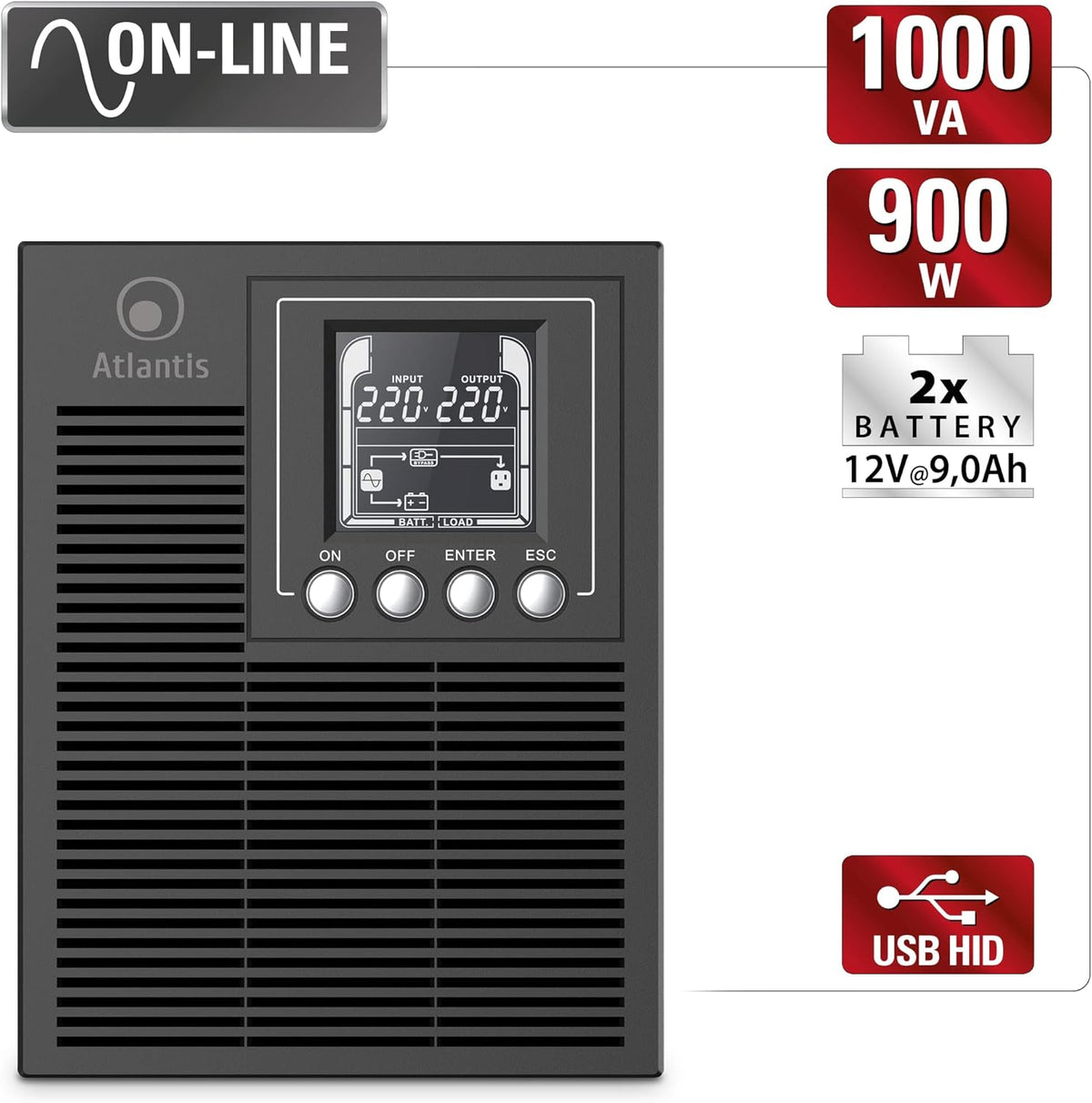 ATLANTIS A03-OP1002 UPS Ononderbroken stroomvoorziening Server Tower On Line dubbele converter 1000 VA 900 W, LCD-display, USB, serieel RS-232, 4 IEC-uitgangen, EPO, SNMP-sleuf, met 2 accu's 12V-9Ah, zwart