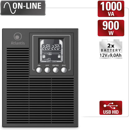 ATLANTIS A03-OP1002 UPS Ononderbroken stroomvoorziening Server Tower On Line dubbele converter 1000 VA 900 W, LCD-display, USB, serieel RS-232, 4 IEC-uitgangen, EPO, SNMP-sleuf, met 2 accu's 12V-9Ah, zwart