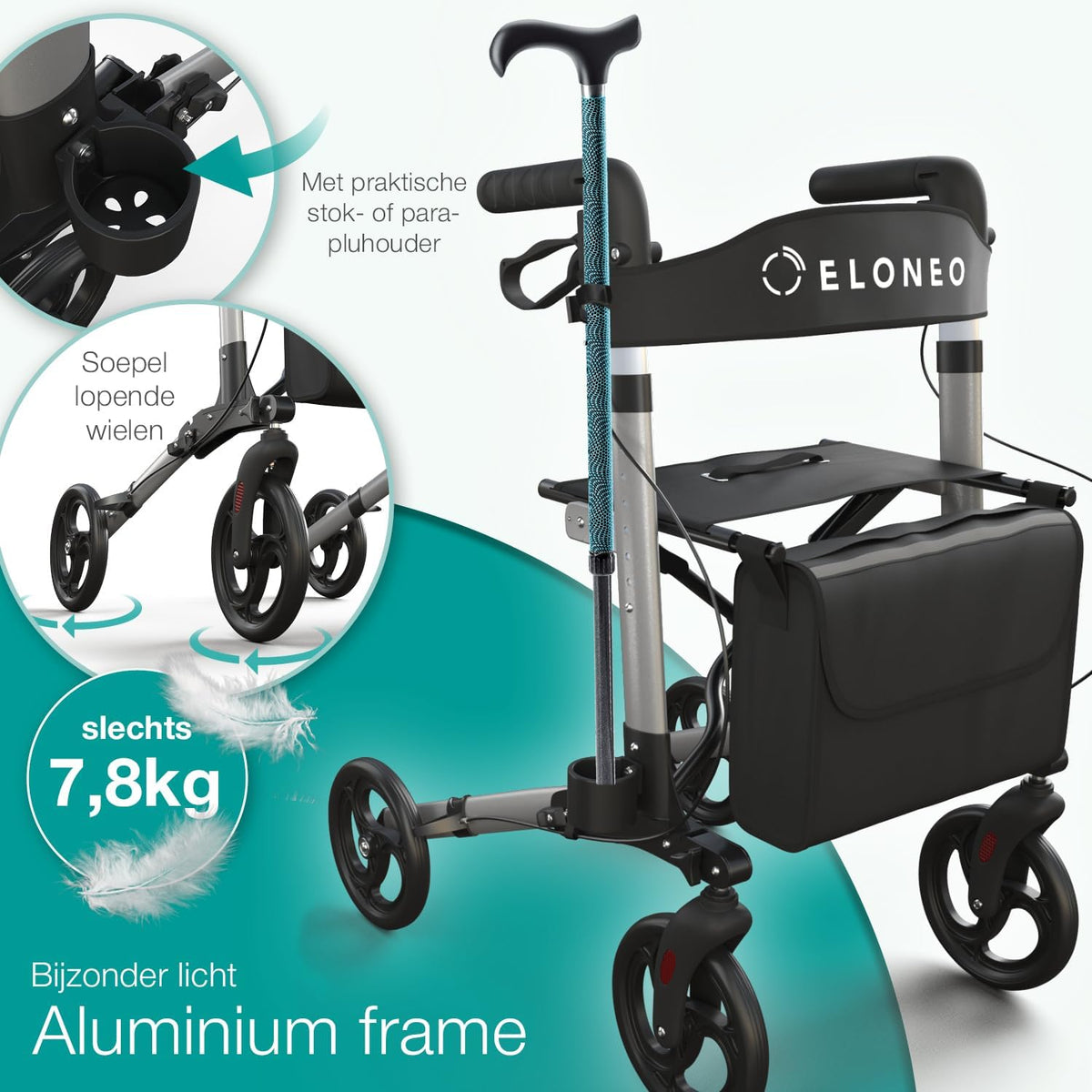 ELONEO Lichtgewicht Rollator met Zitje - Opvouwbare Aluminium Rollator voor Senioren, 8 Verstelbare Hoogtes, 3-voudig Opvouwbaar Loophulpmiddel met Tas & Parapluhouder, Past in Auto (Zilver)