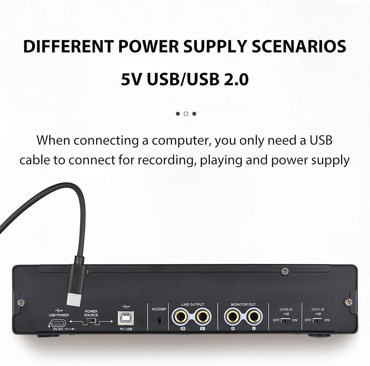 4-kanaals geluidskaart met driverloze audio-interface, USB-geluidskaart 4 ingangen 4 uitgangen, 24 bit/192 kHz 48 V fantoomvoeding voor professionele karaoke-opname