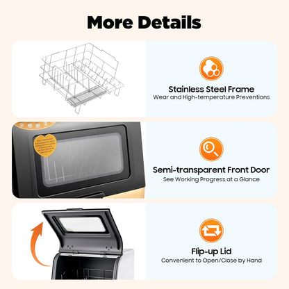800 W Tabletop Dishwasher with 3 Programs for 12-20 Crockery Parts, 360° Spray Machine, Mini Dishwasher for Home, Motorhome, Gold