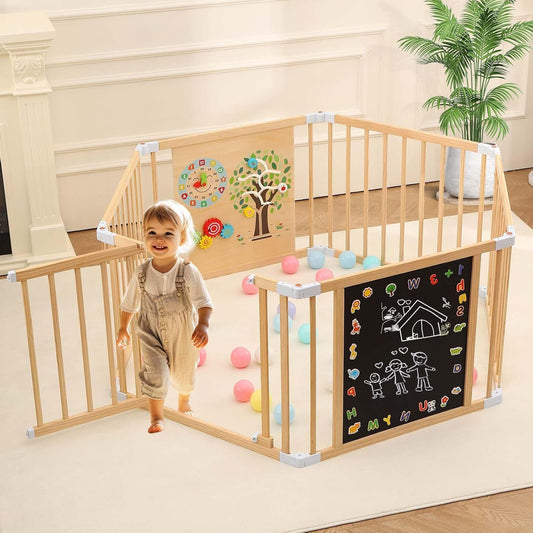 Wooden Baby Playpen with Door, Removable and Expandable Baby Play Fence for Toddlers, Wooden Playpen Baby Playground with Chalk Whiteboard and Montessori Activity Games (6 Panels- 62 x 56 Inch) - QUORE