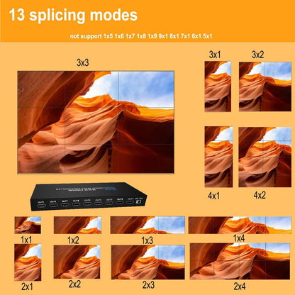 3 x 3 videowandcontroller, 4K 3 x 3, 3 x 2, 2 x 2, 3 x 1, 1 x 4, 2 x 3, 4 x 2, 2 x 4, met afstandsbediening voor 9 tv's, ondersteuning voor 180° beeldrotatie.