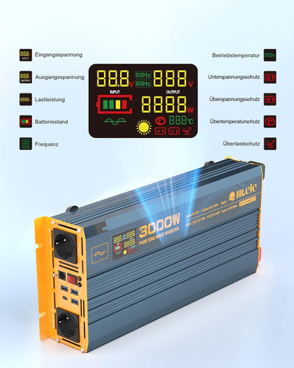 Spanningsomvormer, 3000 W24 V, zuivere sinusomvormer, 24 V naar 230 V, met 2 EU-stopcontacten, 1 x USB-C, 3 x USB-A, snelladen, lcd-display voor camper, vrachtwagen, auto