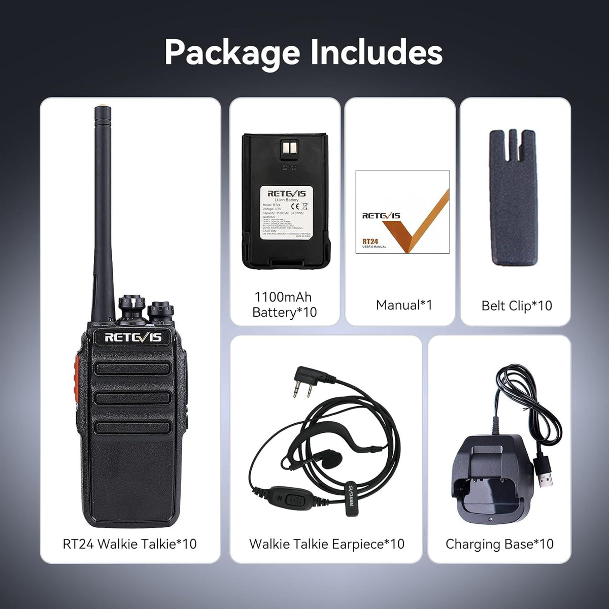 Retevis RT24 Walkie Talkie Portofoons PMR446 Vergunningsvrije 16 Kanalen CTCSS/DCS VOX Professionele Walkie Talkies met Headset en USB-laadstation (10 Stuks, Zwart)