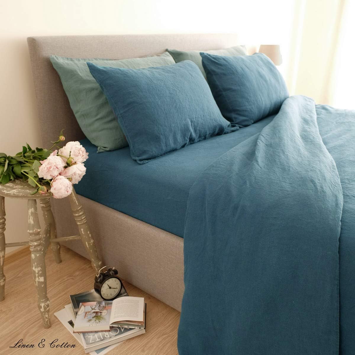 Linen & Cotton Zacht Gezellig Hoeslaken met Elastische Band Alicia - 100% Gewassen Linnen, Petrol Blauw (90 x 190 cm) Beddengoed Beddenlaken Laken Single Twin Eenpersoons Bed Hoge Matras Winter Zomer