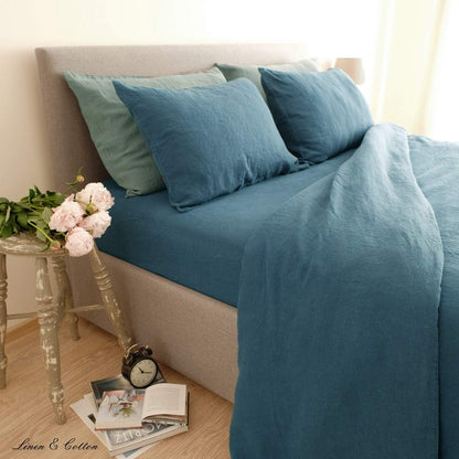 Linen & Cotton Zacht Gezellig Hoeslaken met Elastische Band Alicia - 100% Gewassen Linnen, Petrol Blauw (90 x 190 cm) Beddengoed Beddenlaken Laken Single Twin Eenpersoons Bed Hoge Matras Winter Zomer