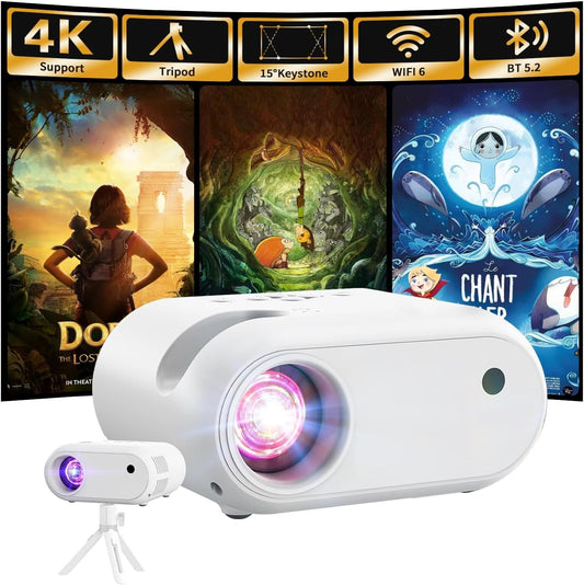 Mini Projector met Statief 1080p Ondersteuning WiFi Bluetooth Draagbare Projector, Compatibel met Smartphone, HDMI, USB, TV Stick, Thuis Buiten Slaapkamer Projector,wit