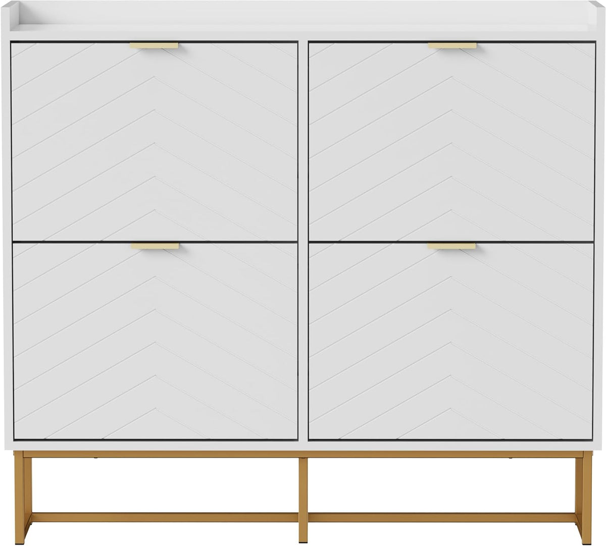 Schoenkast – Schoenopbergkast – Schoenenkast – Schoenrek – Schoenmeubel – 4 Compartimenten Met Verstelbare Planken – Wit Hout Met Gouden Metalen Poten 100x24x91 cm