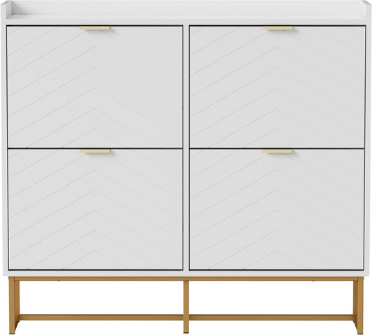 Schoenkast – Schoenopbergkast – Schoenenkast – Schoenrek – Schoenmeubel – 4 Compartimenten Met Verstelbare Planken – Wit Hout Met Gouden Metalen Poten 100x24x91 cm