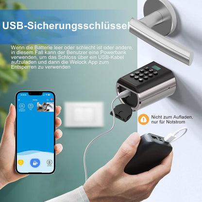 WELOCK PBL Elektronisch deurslot, deurslotcode met app, instelbare elektronische deursluitcilinder voor deurdiktes van 50-100 mm, elektronisch deurslot, huisdeur, zilver, SmartLock