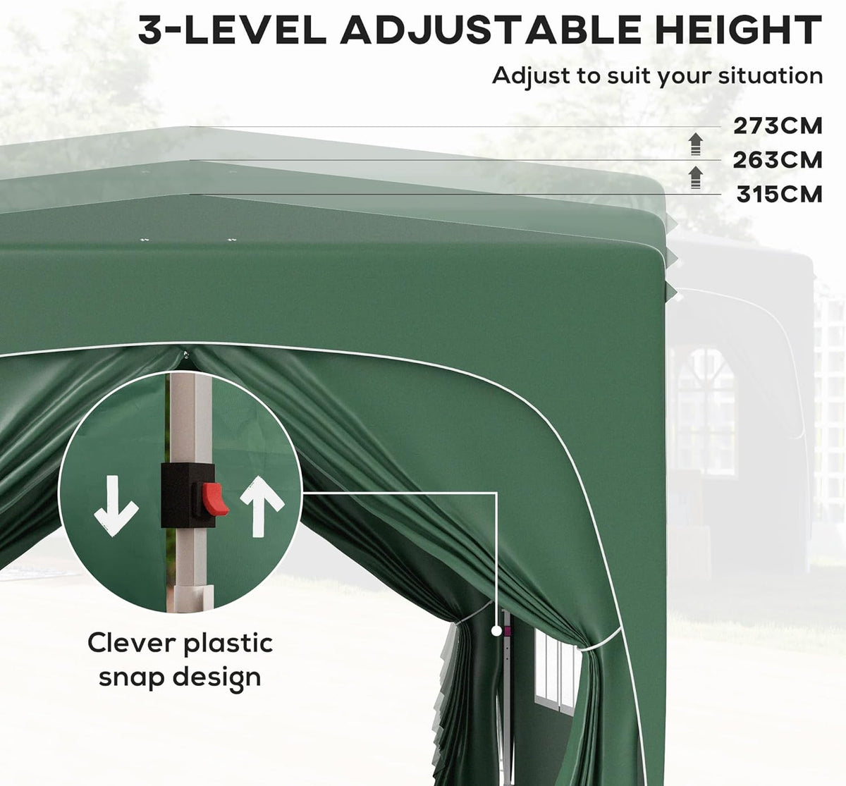Outsunny UPF50+ 3x3 m Pop Up Gazebo with Sides and Carry Bag, UPF50+, Height-adjustable Gazebo, Instant Event Shelter for Garden, Outdoor, Patio, Dark Green - QUORE