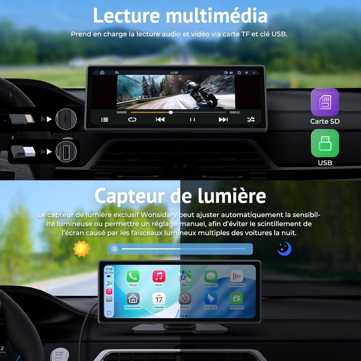 10,26 inch Carplay-scherm, compatibel met CarPlay en Android Auto, Car Play-display met 1080p achteraanzicht, mirror link, spraakbediening, bluetooth-audio, GPS, FM, AUX