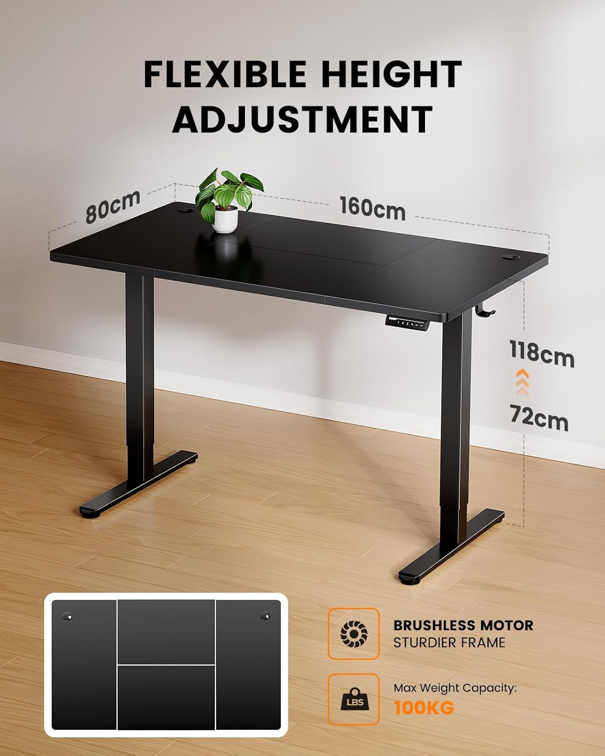 ErGear Elektrisch Zit-Sta Bureau - 160 x 80 cm - 100 kg Draagvermogen Hoogte Verstelbaar Bureau met Geavanceerde Borstelloze Motor, Stille Werking, Robuust Metalen Frame