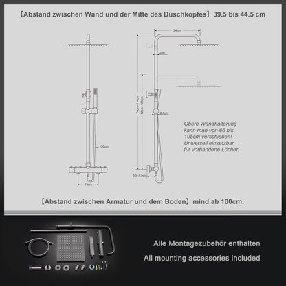 Görbach Thermostaat douchesysteem met douchearmatuur, complete set, regendouche, doucheset met roestvrijstalen douchestang, douchekop 25 x 25 cm, gunmetal grijs