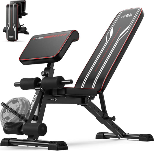 FLYBIRD Multifunctionele Gewichtbank, Krachtraining voor Huisgym, Eenvoudig Opklapbaar & Instelbaar, 360KG Capaciteit met Bicepcurlsteun / 544KG Zware Gewichtbank