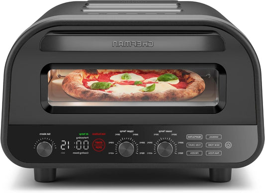CHEFMAN Indoor & Outdoor Electric Pizza Oven, Portable Pizza Oven 30cm for Neapolitan, New Yorker, Fine Crust and Casserole, Pizza Stone and Peel Disk, Black - QUORE