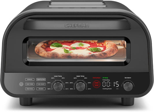 CHEFMAN Elektrische pizzaoven voor binnen en buiten, draagbare pizzaoven 30 cm voor Napolitaans, New Yorker, fijne korst en braadpan, pizzasteen en schilschijf, zwart