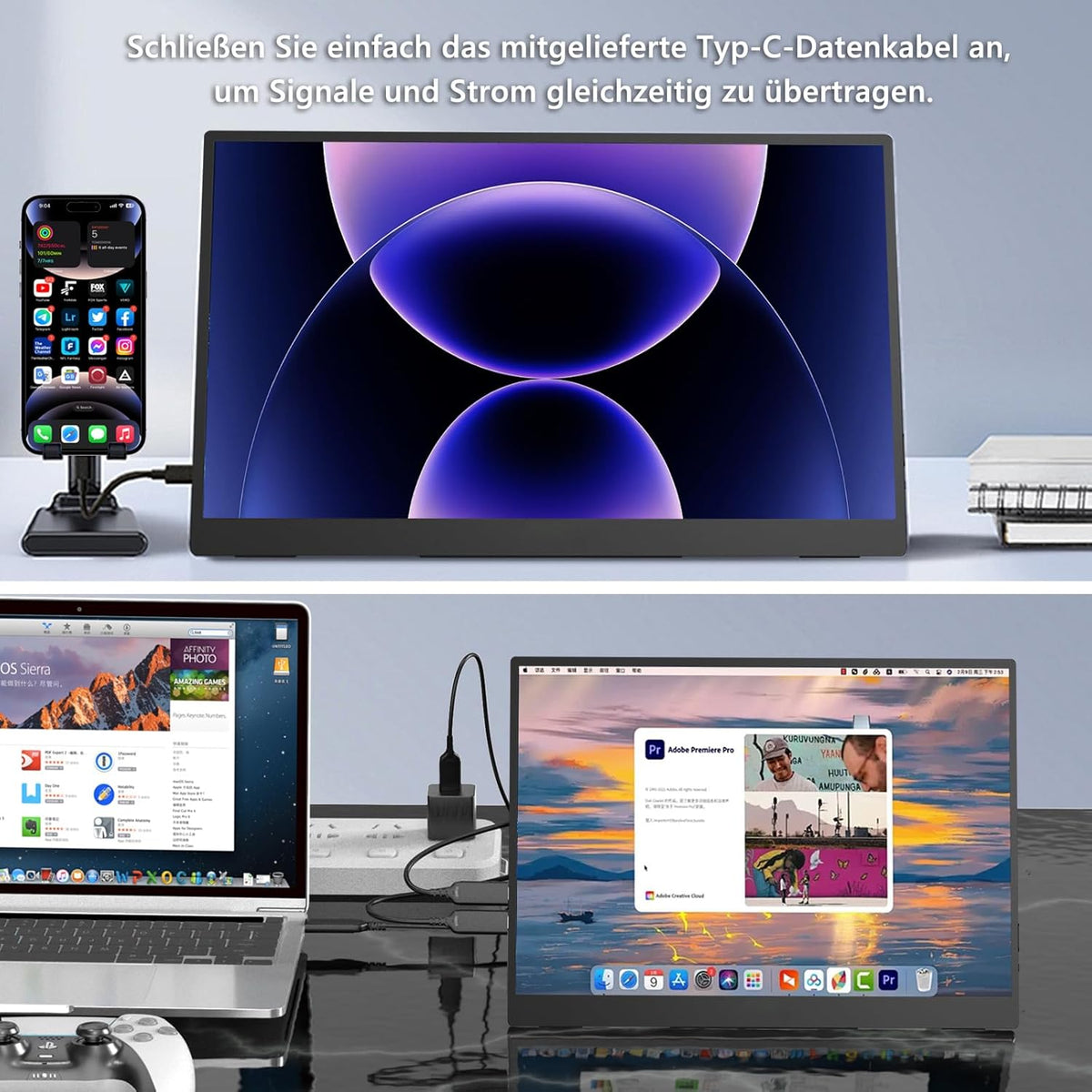 14,1 inch 1920 x 1200 touchscreen-monitor, IPS-scherm draagbare monitor met 2 full-features USB-C, HDMI, USB-A, 10-punts touch, geavanceerde draagbare monitor voor laptop, pc, telefoon, Mac
