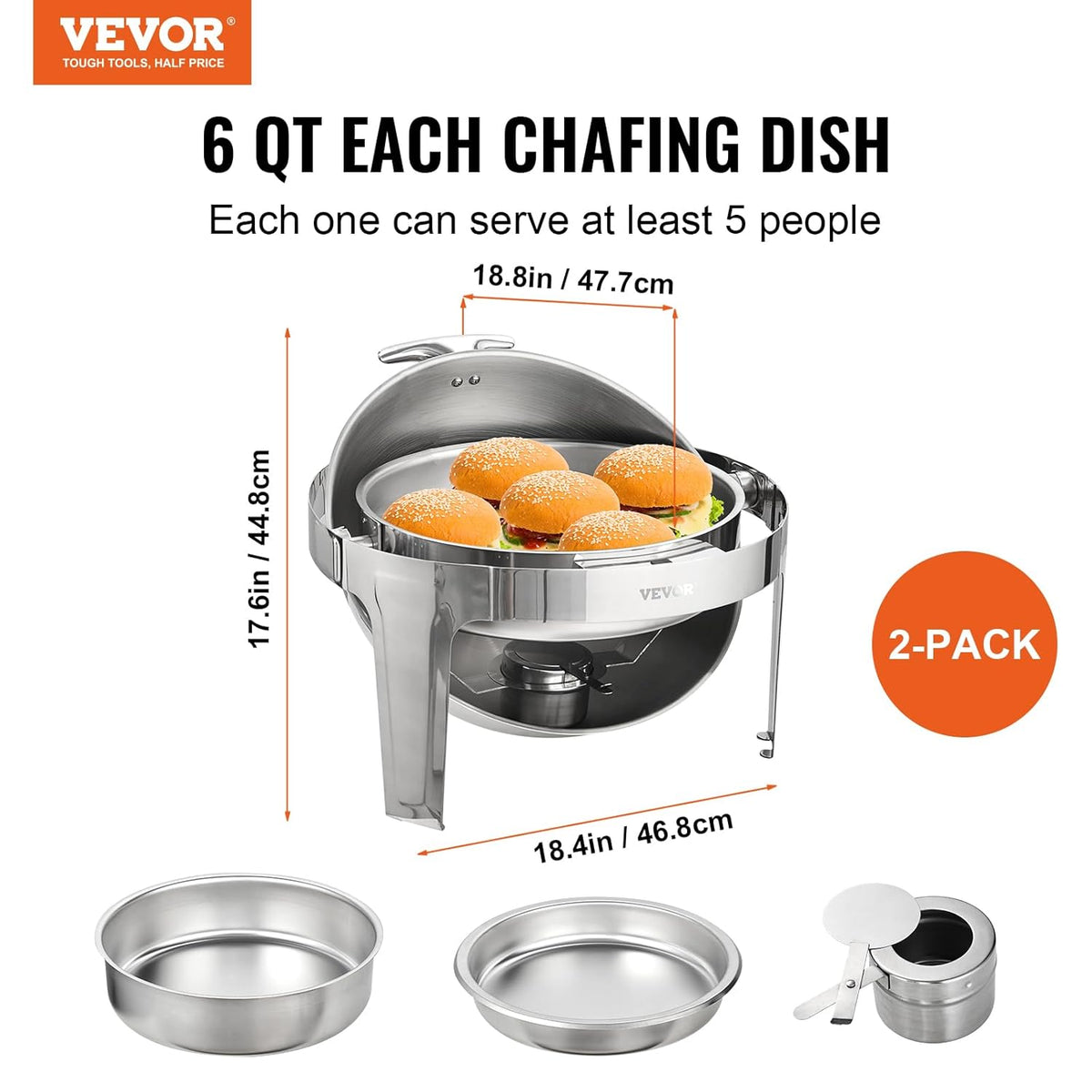 VEVOR DT-C1101 Ronde Catering Warmer Server Chafing Dish Buffet Set, Roestvrij Staal, Zilver