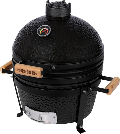 Fresh Grills Kamado BBQ 16 Inch Black Ceramic Mini Oven Barbecue Grill Egg Charcoal Smoker Grate Baking Portable Built-in Thermometer Top and Bottom Air Flow System Outdoor Cooking Camping - QUORE
