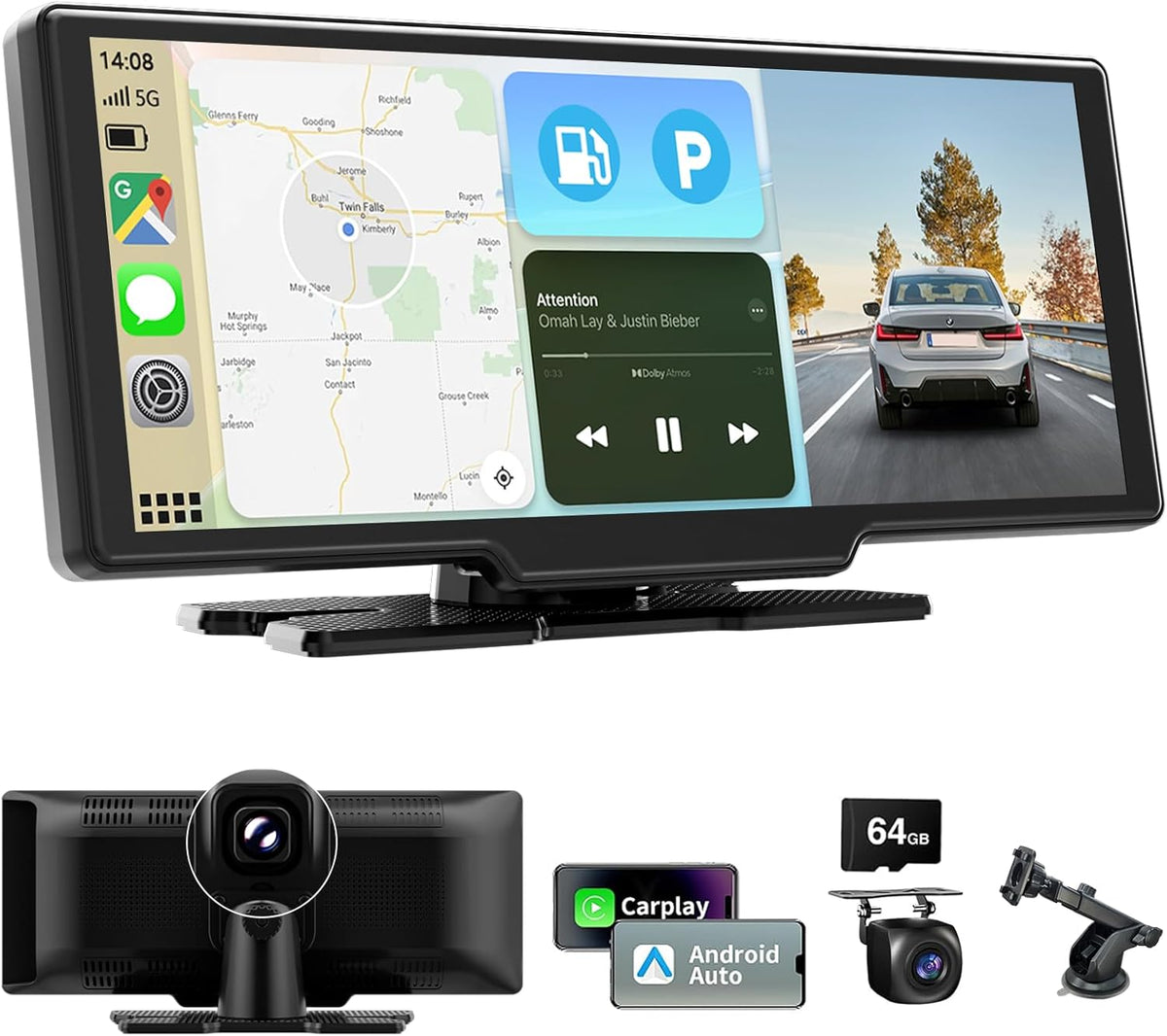 10,26 Inch Wireless Carplay Screen voor Car Play en Android Auto, Draadloze Autoradio met 4K Dashcam/1080P HD Achteruitrijcamera/Bluetooth/FM/AUX/64G TF/Mirror Link/Spraakbesturing/GPS-Navigatie