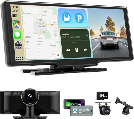 10,26 Inch Wireless Carplay Screen voor Car Play en Android Auto, Draadloze Autoradio met 4K Dashcam/1080P HD Achteruitrijcamera/Bluetooth/FM/AUX/64G TF/Mirror Link/Spraakbesturing/GPS-Navigatie