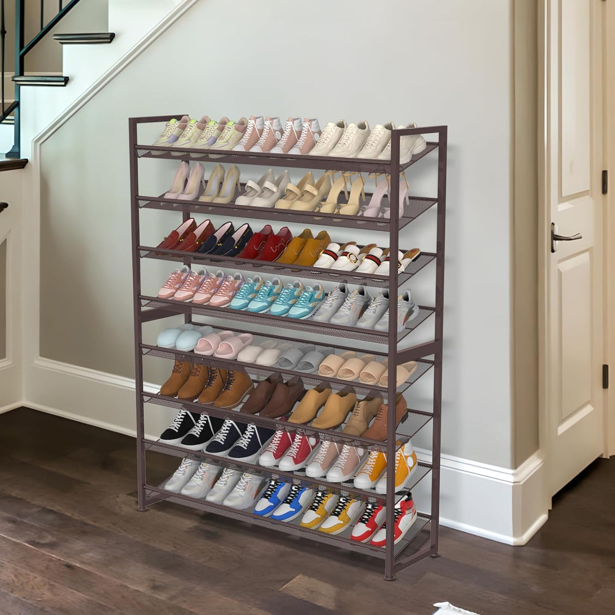 Large Shoe Rack with 8 Levels, Shoe Organizer, Robust Metal 4-Tier Stackable Shoe Rack for Cabinet Entrance, Up to 50 Pair, 114cm W x 29cm D x 143cm H, Bronze - QUORE