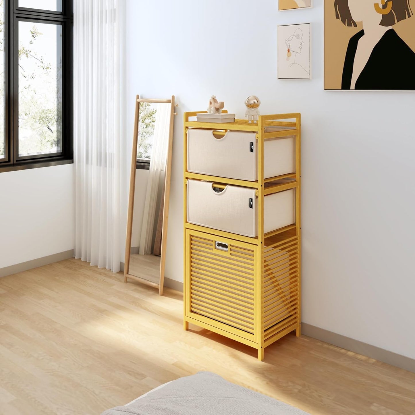 Adel Dream Wasmand, bamboe, wasmanden, 3 vakken, wasverzamelaar voor vuile was, opslag voor voorwerpen, wasbox, wasmand, wassorteerder, lichtgrijs Hellgrau-06-28