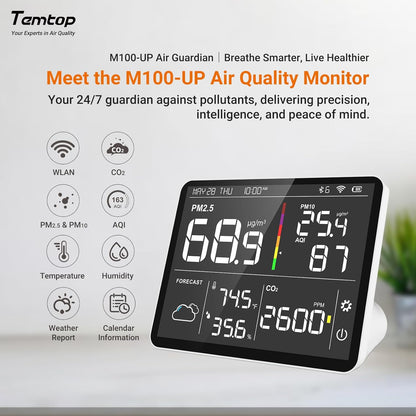 Temtop M100-UP Luchtkwaliteitsmeter, weerstation, 2,4 G wifi, bluetooth-thermometer met app, 8-in-1 luchtkwaliteitsmeter (PM2.5/CO2/temperatuur/vochtigheid)
