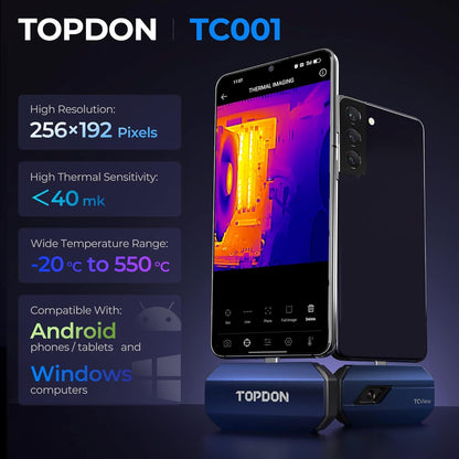TOPDON TC001 Warmtebeeldcamera, 512x384 TISR-resolutie met secundaire analyse, <40mK warmtegevoeligheid, 25Hz, bereik -20 tot 550 °C, 0,1 °C nauwkeurig, voor Android telefoon/tablet/Windows laptop