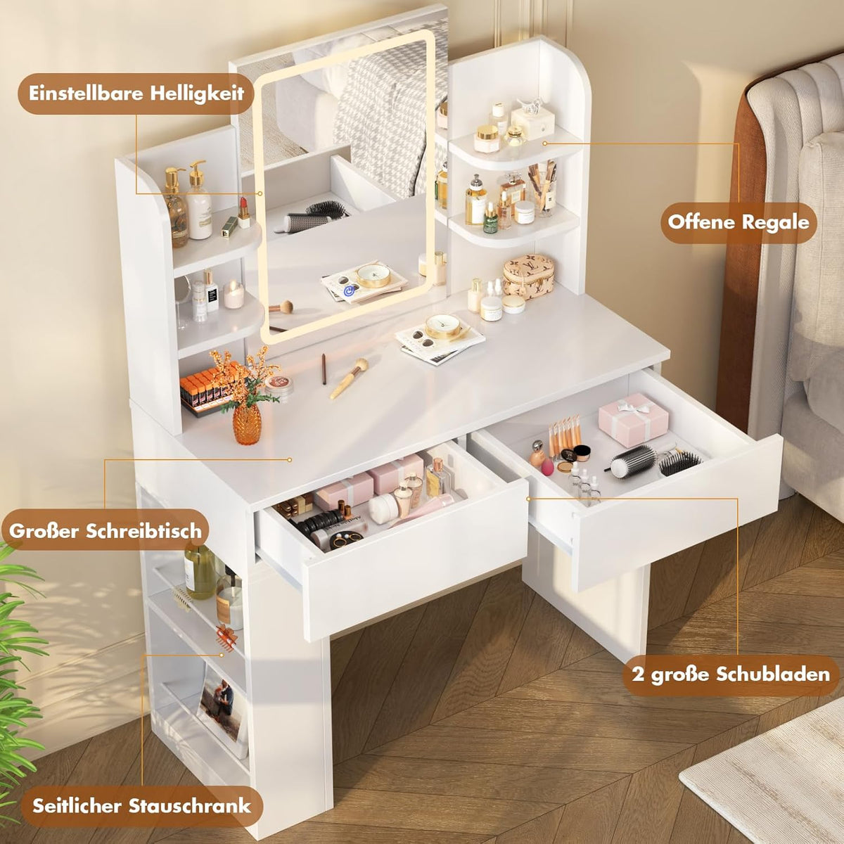 Devoko Dressing Table with Mirror and Lighting,Adjustable Brightness,Makeup Table with 2 Drawers, 4 Shelves, Modern Makeup Desk for Bedroom and Dressing Room, 90 x 40cm (White) - QUORE