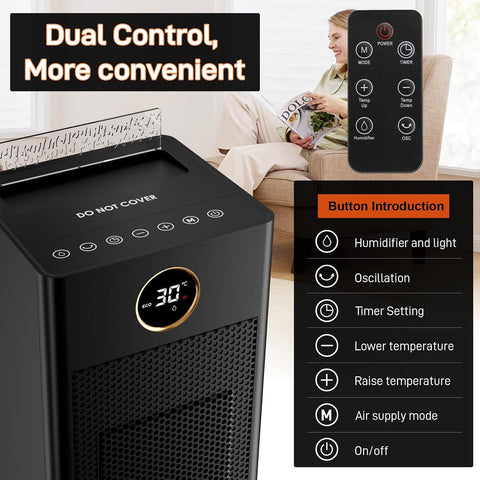 Elektrische Kachel - Keramische Ventilatorkachel - Kleine Elektrische Verwarming - 2000W - met Bevochtigingsfunctie - Sfeerlicht - Verwarmt Snel - Stil - 12 uur Timer - 3 Modi - Kantelbeveiliging - Afstandsbediening - voor Kamers - Thuis - Garage - Zwart