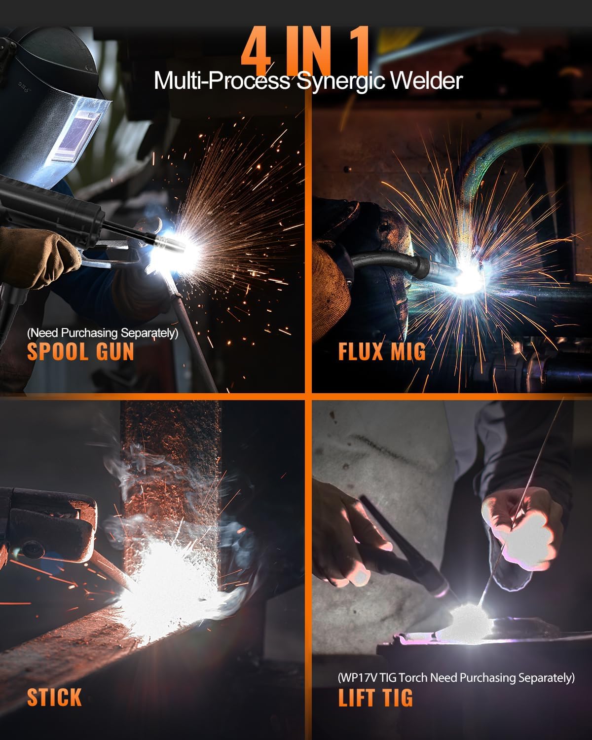 HITBOX Gasloos Flux Cored Lasapparaat, 200A 230V, 4-in-1 MIG/MMA/ARC/Lift TIG/Spool Gun Lasser (HIM200)