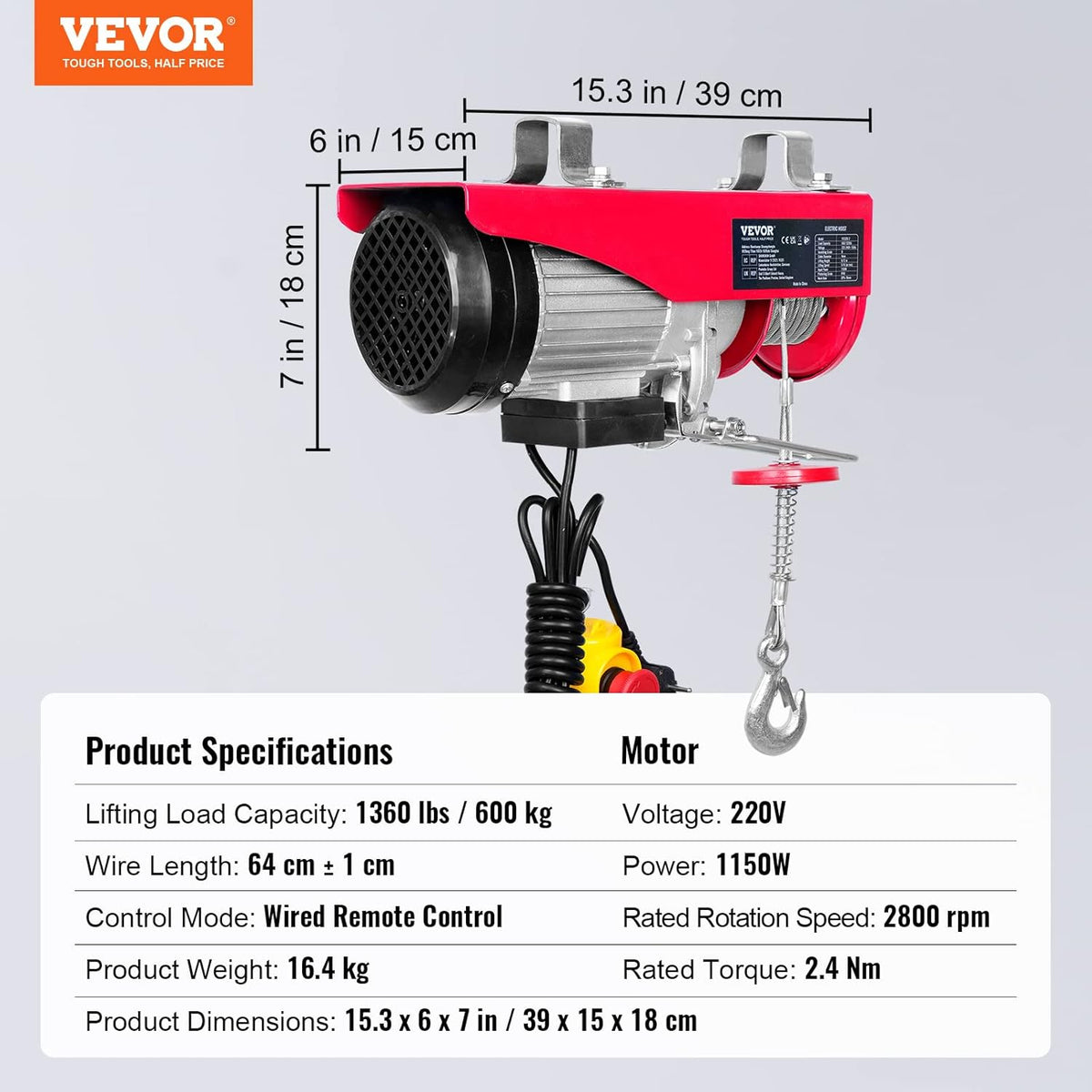 VEVOR Electric winch 300kg to 600kg lifting height 12m cable motor winch 1150W copper motor pulley 10m/min lifting speed lift with cable remote control cable lift chain hoist