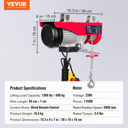 VEVOR Electric winch 300kg to 600kg lifting height 12m cable motor winch 1150W copper motor pulley 10m/min lifting speed lift with cable remote control cable lift chain hoist