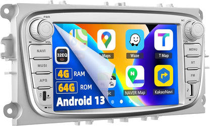 4+64GB Android Autoradio met CarPlay en Android Auto voor Ford Focus II Mondeo S-Max C-Max Galaxy II MK2 Kuga, 7'' HD touchscreen met Bluetooth 5.0 GPS WiFi Mirror Link EQ FM/RDS SWC AHD camera + MIC