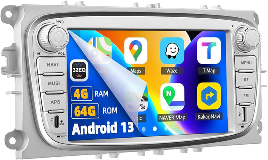4+64GB Android Autoradio met CarPlay en Android Auto voor Ford Focus II Mondeo S-Max C-Max Galaxy II MK2 Kuga, 7'' HD touchscreen met Bluetooth 5.0 GPS WiFi Mirror Link EQ FM/RDS SWC AHD camera + MIC