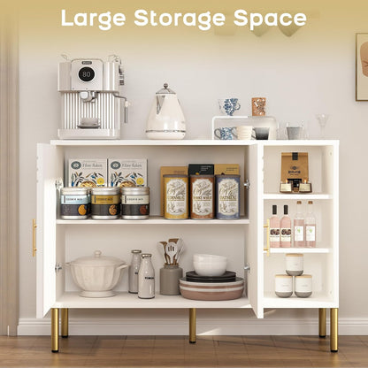 Buffetkast met gebogen texturen | Multifunctionele Sideboard - 2 deuren & 3 planken | Crème kleur 110x35x82 cm