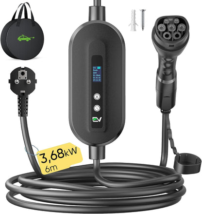 Type 2 Laadkabel – Oplaadkabel Elektrische Auto – EV Laadsnoer – EV Charger Kabel – Schuko Laadkabel – Instelbaar Laadvermogen 3,68 kW – Digitaal Display Met Timer