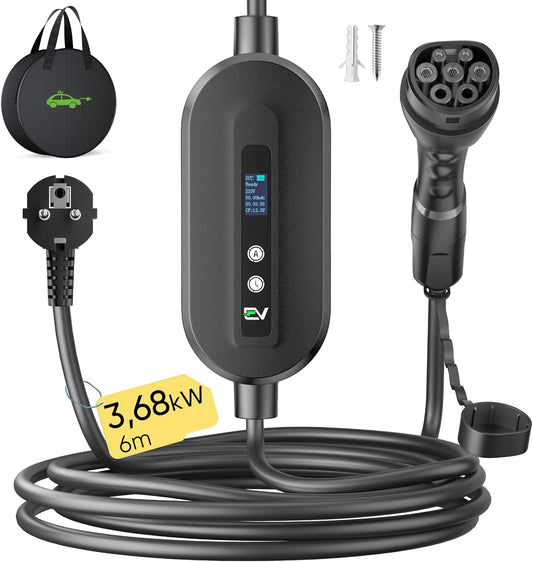 Type 2 Laadkabel – Oplaadkabel Elektrische Auto – EV Laadsnoer – EV Charger Kabel – Schuko Laadkabel – Instelbaar Laadvermogen 3,68 kW – Digitaal Display Met Timer