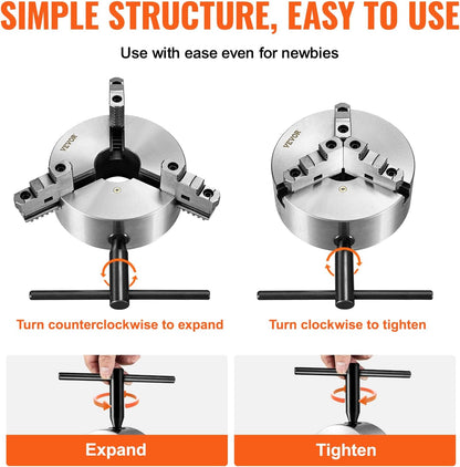 VEVOR 3-Jaw Self Centering Chuck, 10", 0.24-9.84in/6-250mm Clamping Range, With T-Key Fixing Screws Hexagonal Wrench, For Lathe 3D Printer Machining Center