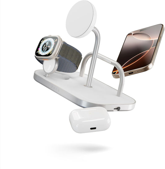 Zens 4-in-1 Wireless Charger, MagSafe en Qi 15W Wireless Charger voor iPhone/Apple Watch/AirPods, Inclusief 65W Voedingsadapter (EU/UK/US) en 1,5M Geïntegreerde Kabel, Wit