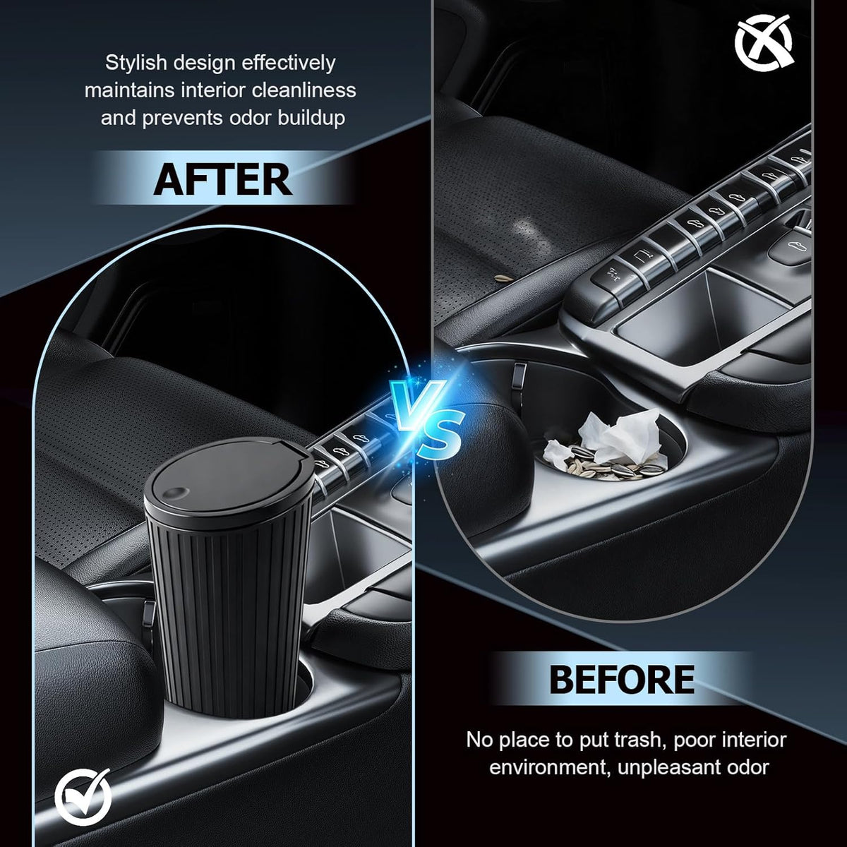 Pack of 2 Car Bin with Lid, Portable Car Waste Bin, Mini Trash Bin, Waterproof and Odour-Inhibiting, Practical Car Waste Bin with 5 Rolls Trash Bags for Car, Home, Office, Bedroom - QUORE