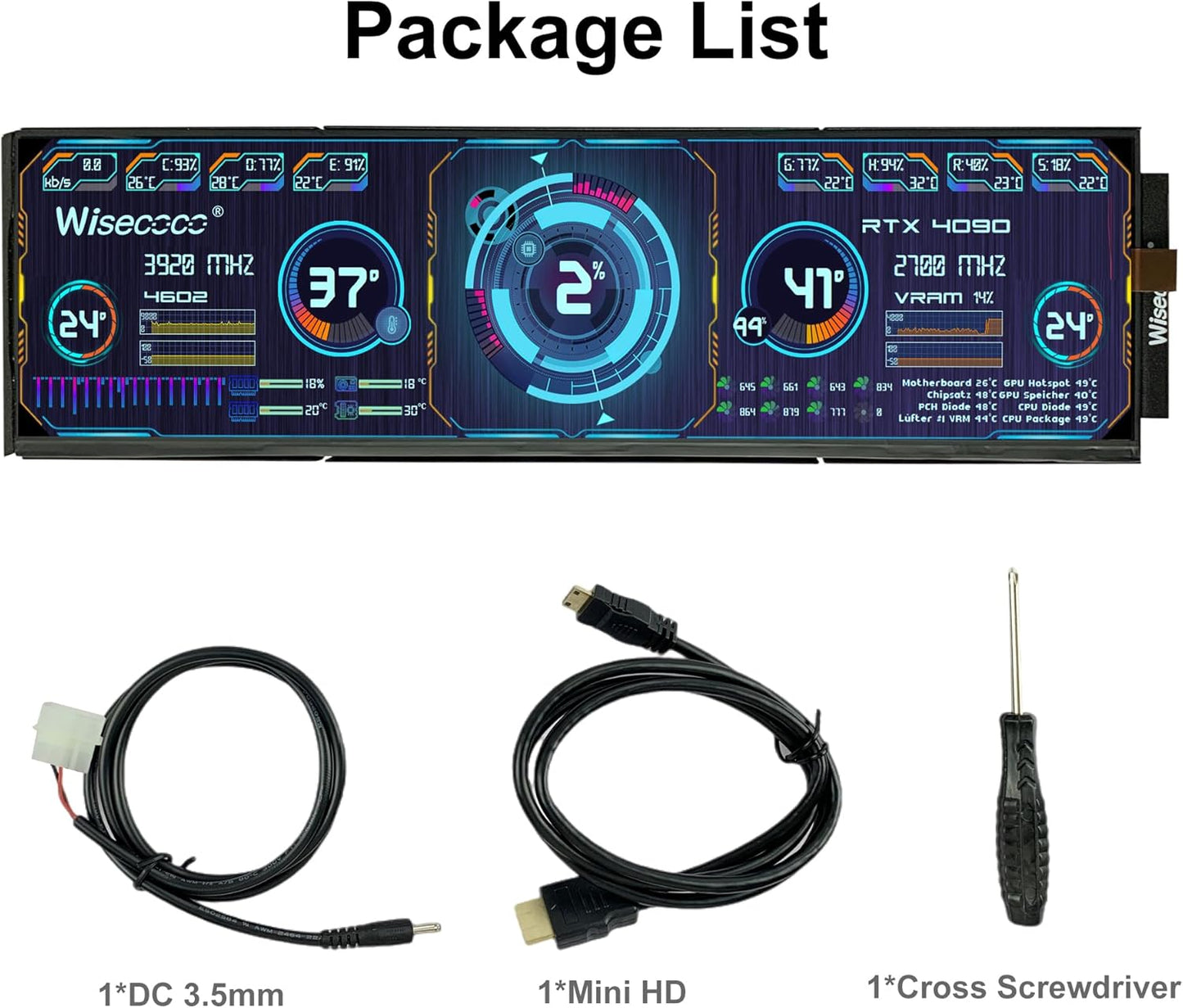 12.6 Inch Bar Lcd scherm HDMI Display Monitor 1920x515 IPS DIY Kits Dual Ingebouwde Speakers voor Hyte Y60 Computer Gaming PC Case CPU GPU Secundaire Monitor Eenvoudig te installeren Zwart
