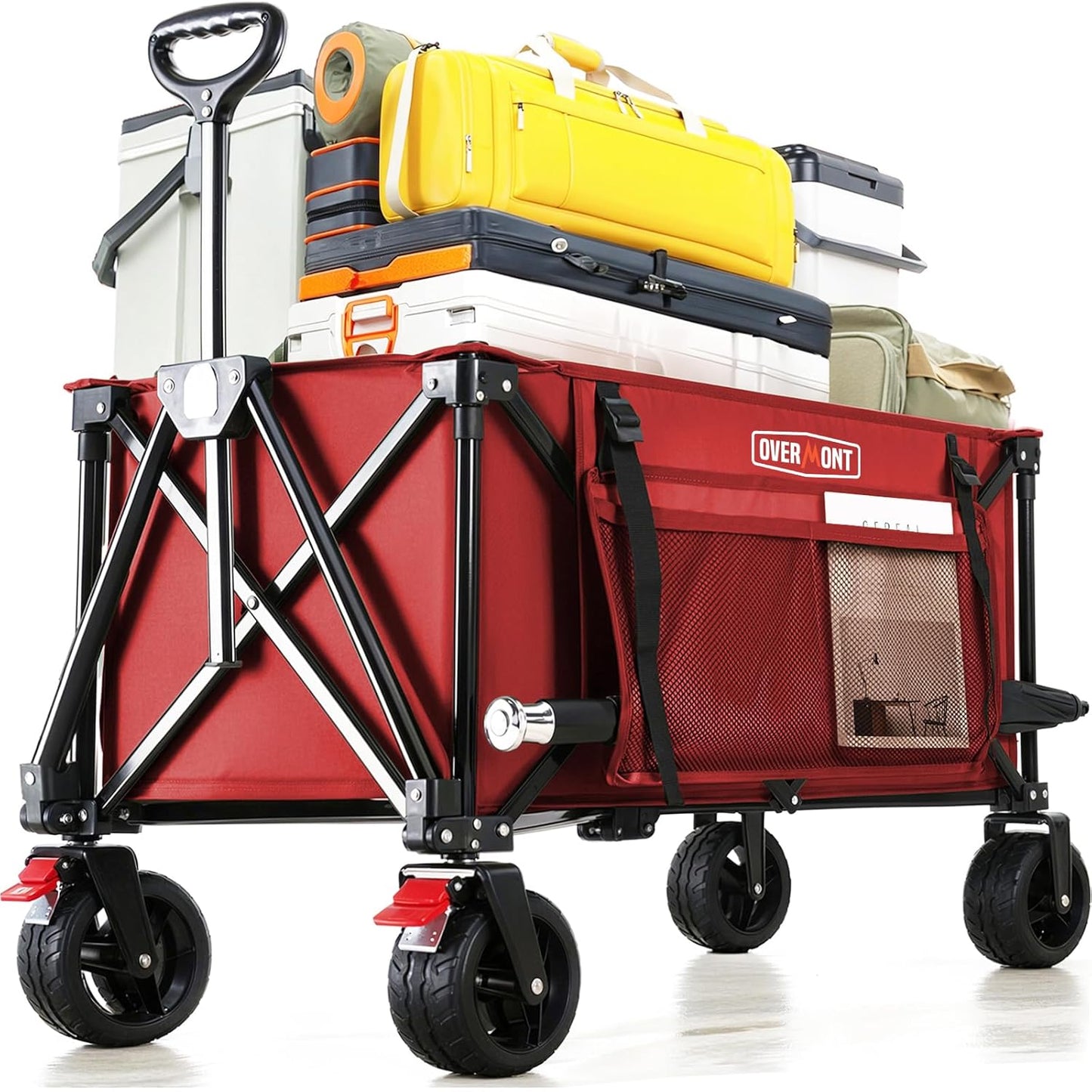 Overmont Opvouwbare bolderkar voor alle terreinen, 8,1 cm brede wielen, grote inhoud 150 liter, met zijzakken, bekerhouder, verstelbare handgreep, tot 120 kg draagkracht, voor camping, sport, winkelen