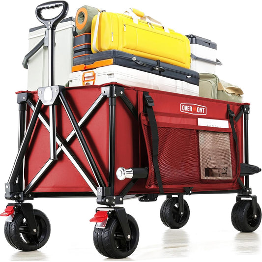 Overmont Opvouwbare bolderkar voor alle terreinen, 8,1 cm brede wielen, grote inhoud 150 liter, met zijzakken, bekerhouder, verstelbare handgreep, tot 120 kg draagkracht, voor camping, sport, winkelen