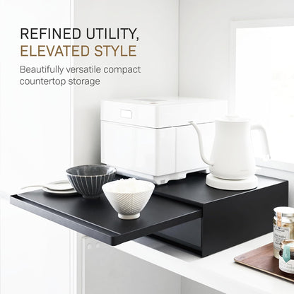 Yamazaki 2008 TOWER Sliding Countertop Tray with Drawer, black, Steel/Polypropylene/Silicone, 45 x 39.3~64 x 13.5 cm