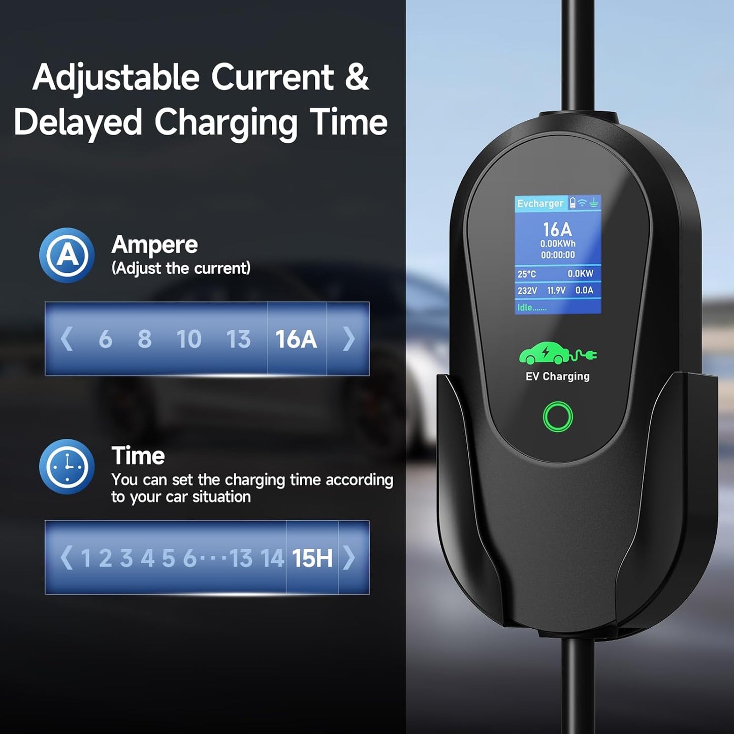 Type 2 EV-Oplader 3,68 kW [6 m 6-16 A 1-fasig], APP Enabled Type 2 Oplaadkabel Schuko Oplaadkabel Elektrische Auto, Instelbare stroom & Vertraagd opladen