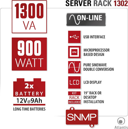 Atlantis A03-OP1302-RC UPS OnLine Online Online Onbreekbare zuivere sinusgolf 1300 VA 900 W, RACK-server, LCD-display, USB, serieel RS-232, 8 IEC-uitgangen, SNMP-sleuf, 2 x 12 V-9 Ah
